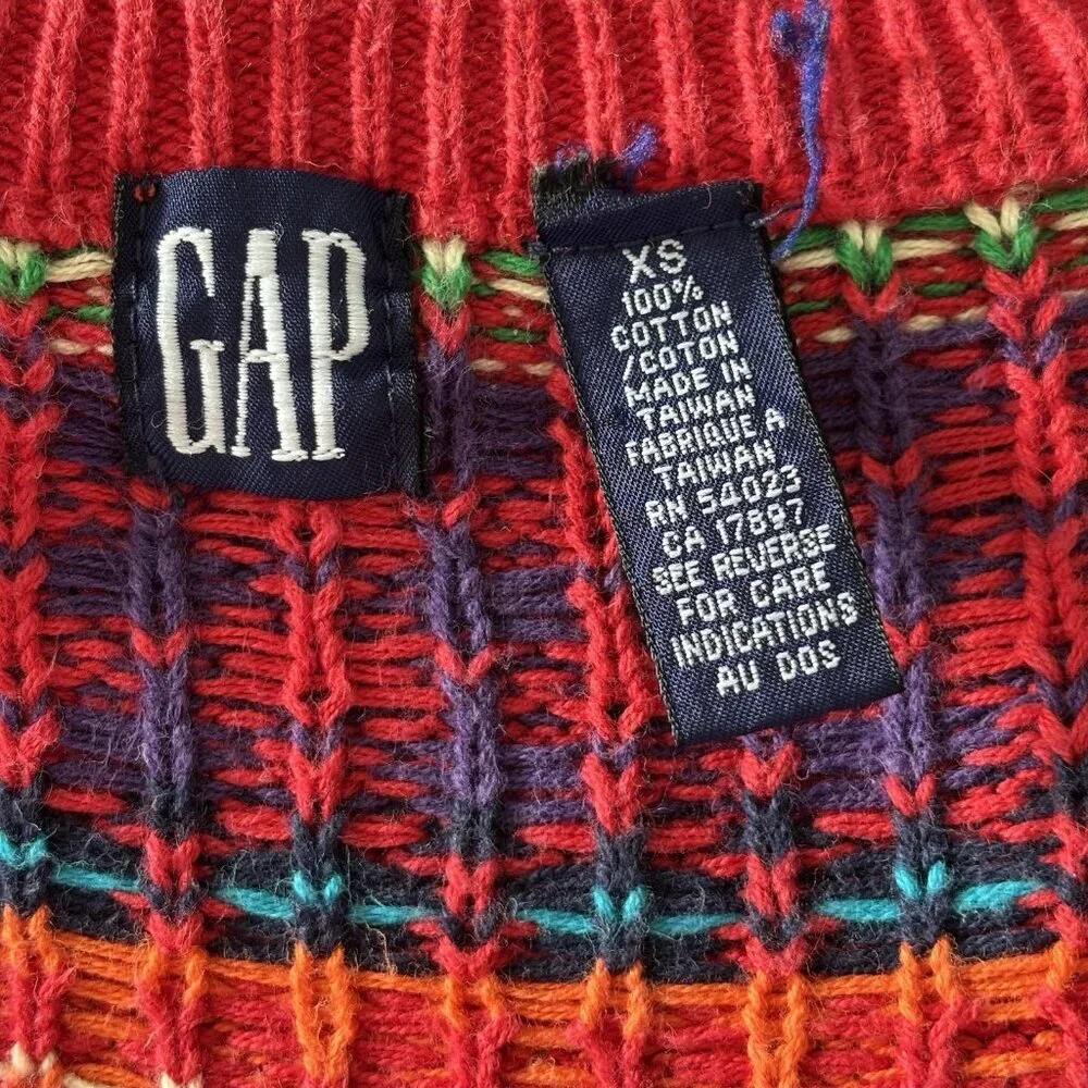 Vintage GAP Kids Fair Isle Cardigan Red Sweater XS Moose Tree Scandi 100% Cotton